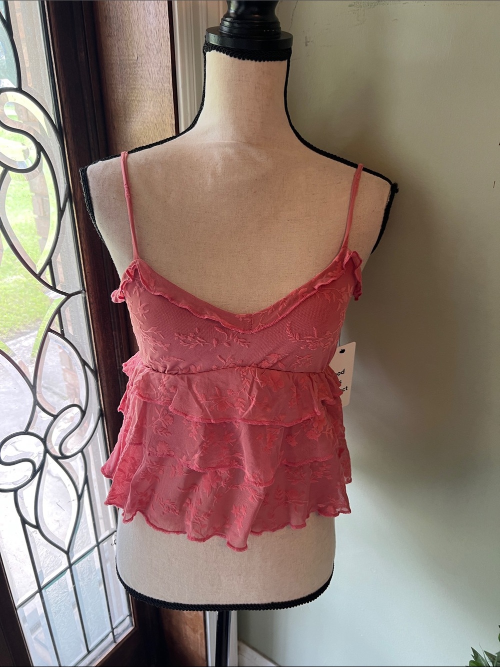 Pink Ruffled Lace-Texture Spaghetti Strap Tank Top